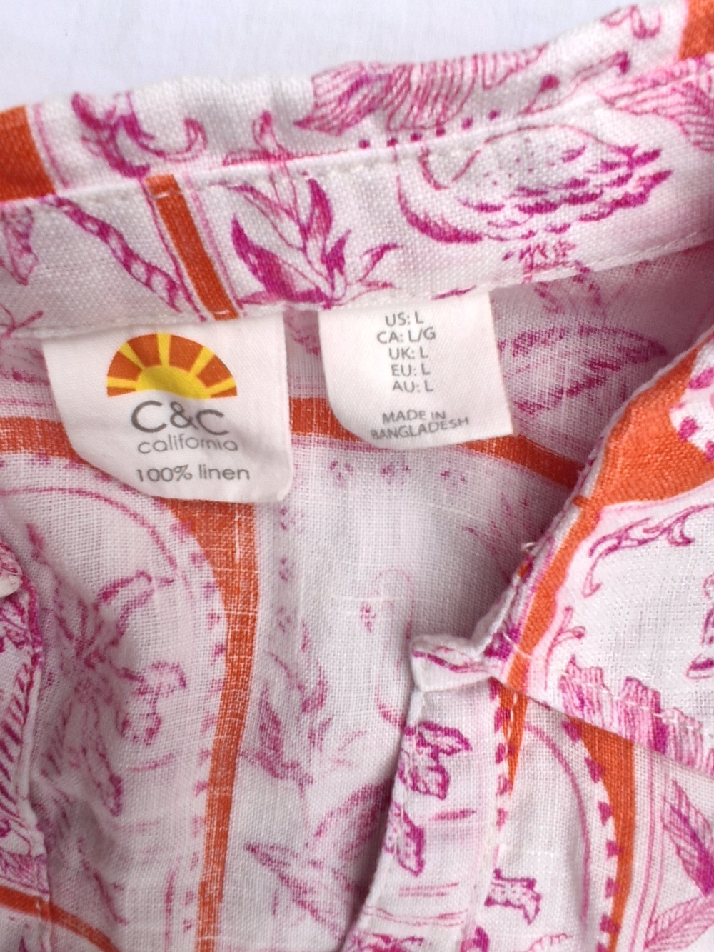 C&C California Linen Button-Up Shirt Pink & Orange Print - Picture 2 of 6